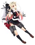  black_gloves black_skirt blonde_hair cannon fingerless_gloves gloves gradient_hair hair_flaps hair_ornament hair_ribbon hairclip jampen kantai_collection kneehighs long_hair looking_at_viewer machinery multicolored_hair neckerchief pleated_skirt red_eyes red_neckwear remodel_(kantai_collection) ribbon sail scarf school_uniform serafuku shoes skirt solo torpedo turret white_scarf yuudachi_(kantai_collection) 