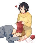  1girl alternate_hair_length alternate_hairstyle black_hair blue_eyes brown_hair closed_eyes couple heart heart_of_string hetero kitashirakawa_tamako knitting lap_pillow mole mole_on_neck momose_(oqo) ooji_mochizou short_hair sleeping tamako_market yarn 