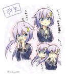  &gt;_&lt; blue_eyes blush character_name closed_eyes commentary_request crescent crescent_hair_ornament hair_ornament kantai_collection long_hair purple_hair school_uniform serafuku short_hair_with_long_locks suzuki_toto translated twitter_username yayoi_(kantai_collection) 