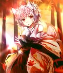  animal_ears bad_id bad_pixiv_id breasts bridal_gauntlets detached_sleeves hat hizagawa_rau inubashiri_momiji leaf maple_leaf medium_breasts open_mouth pom_pom_(clothes) short_hair solo tail tokin_hat touhou tree white_hair wide_sleeves wolf_ears wolf_tail 