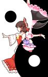  ascot bat_wings bow breasts brown_eyes brown_hair detached_sleeves dress hair_bow hair_tubes hakurei_reimu hat kenpi_(hs-totyu) medium_breasts mob_cap multiple_girls outstretched_arm pink_dress purple_hair red_eyes remilia_scarlet short_hair touhou upside-down wide_sleeves wings wrist_cuffs yin_yang 