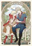  1girl aldnoah.zero animal_ears art_nouveau asseylum_vers_allusia big_bad_wolf big_bad_wolf_(cosplay) big_bad_wolf_(grimm) bird blonde_hair blue_eyes blush boots braid character_name cosplay dress flower french_braid green_eyes grimm's_fairy_tales hood little_red_riding_hood little_red_riding_hood_(grimm) little_red_riding_hood_(grimm)_(cosplay) long_hair nana_(t-a-f) silver_hair slaine_troyard smile tail wolf_ears wolf_tail 