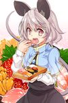  :d animal_ears blue_capelet blush capelet eating eyebrows_visible_through_hair food grey_hair gunkanmaki highres holding holding_food ikura_(food) jewelry kotomuke_fuurin leaf long_hair looking_at_viewer mouse_ears mouse_tail nazrin nigirizushi open_mouth outline pendant red_eyes roe short_hair smile solo sushi sushi_geta tail touhou 