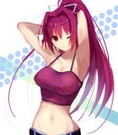  ;) armpits banned_artist breasts closed_mouth crop_top hair_intakes large_breasts long_hair midriff navel one_eye_closed ponytail purple_hair red_eyes sketch smile solo strap_gap under_night_in-birth yusano yuzuriha_(under_night_in-birth) 