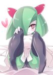  1girl black_legwear black_panties blush female green_hair hair_over_one_eye heart horns kirlia looking_at_viewer nintendo panties pokemon red_eyes short_hair smile solo spread_legs thighhighs underwear upskirt youki_(yuyuki000) 