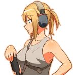  ar-15 bad_id bad_pixiv_id between_breasts blonde_hair breasts commentary genso gun headset looking_away original rifle short_ponytail sling solo strap_cleavage sweatdrop weapon white_background 
