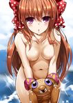  absurdres blossomsa blush bow breasts collarbone color_connection gekkan_shoujo_nozaki-kun gen_1_pokemon highres long_hair medium_breasts navel nipples nude orange_hair paras pokemon pokemon_(creature) pokemon_(game) polka_dot polka_dot_bow purple_eyes sakura_chiyo water wet 