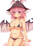  animal_ears bikini blush breasts brown_bikini hat highres kneeling large_breasts lowleg lowleg_bikini micro_bikini mystia_lorelei nail_polish pink_eyes pink_hair pink_nails plump rena_(riries) short_hair smile solo swimsuit touhou wings 