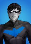  1boy batman_(series) black_hair blue blue_background body_armor bodysuit dc_comics dick_grayson domino_mask emblem looking_at_viewer male male_focus mask nightwing parted_lips short_hair solo spot_color young_justice:_invasion 