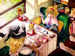  alice_margatroid apron blonde_hair blue_eyes bow box capelet chirarizushi cloth cookie doll fabric food frills hair_bow hairband hat hat_bow holding_needle kirisame_marisa light_particles lolita_hairband long_hair multiple_girls needle pillow pincushion scissors sewing sewing_kit sewing_needle shanghai_doll short_hair sitting touhou traditional_media watercolor_(medium) witch_hat 