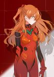  arms_at_sides bangs blue_eyes bodysuit bracer breasts closed_mouth cowboy_shot diffraction_spikes evangelion:_3.0_you_can_(not)_redo expressionless fly_(marguerite) gloves hair_between_eyes headgear long_hair looking_away looking_to_the_side neon_genesis_evangelion orange_hair pilot_suit plugsuit profile rebuild_of_evangelion red_bodysuit shadow shikinami_asuka_langley signature skinny small_breasts solo souryuu_asuka_langley standing tape tile_wall tiles turtleneck two_side_up 