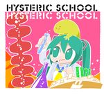  3: album_cover aqua_eyes aqua_hair beamed_eighth_notes bkub book bookmark bubble c: cover eighth_note erlenmeyer_flask flask hatsune_miku labcoat long_hair lowres musical_note neckerchief pink_background pinky_out quarter_note school_uniform serafuku test_tube twintails vocaloid 