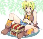  bad_id bad_pixiv_id belt blonde_hair boots gloves muhirora ole_tower one_side_up phillips_screwdriver_(ole_tower) purple_eyes short_hair shorts sitting sleeveless_coat solo tongue tongue_out treasure_chest 