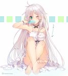  anceril_sacred barefoot blush dress food green_eyes long_hair looking_at_viewer mishima_kurone mouth_hold one_eye_closed original popsicle shirokami_project sitting solo strap_slip toe_scrunch twitter_username very_long_hair white_hair 