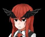  bat_wings black_background black_eyes dress_shirt eyebrows face frown fuente koakuma long_hair necktie parody red_eyes red_hair serious shirt simple_background solo thick_eyebrows touhou vest white_shirt wings 