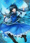  black_hair black_legwear blue_dress blue_eyes boots bow brooch dress fairy_wings hair_bow jewelry juliet_sleeves long_hair long_sleeves mosho open_mouth pantyhose puffy_sleeves shirt smile solo star_sapphire touhou traditional_media very_long_hair watercolor_(medium) wide_sleeves wings 