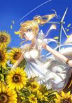 arms_at_sides ayase_eli blonde_hair blue_eyes bow breasts cleavage collarbone day dress flower hair_bow long_hair looking_at_viewer love_live! love_live!_school_idol_project medium_breasts outdoors ponytail short_sleeves solo sunflower vima white_dress 