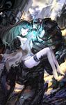  armor bad_id bad_pixiv_id barefoot carrying dress dutch_angle green_eyes green_hair gun highres long_hair long_legs looking_at_viewer mecha navel observerz open_mouth original panties princess_carry rags side-tie_panties signature string_panties thigh_strap torn_clothes underwear weapon white_skin 