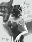  1girl artist_request black_dahlia breasts character_name cleavage dated feathers female gloves grin hat mask mechanical_arm monochrome signature skullgirls smile solo veil weapon white_eyes 