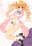  absurdres bed blonde_hair blush bow bow_panties dress flower frilled_dress frills green_eyes hair_flower hair_ornament high_heels highres long_hair looking_at_viewer lying navel on_back on_bed open_clothes open_mouth original panties pillow ribbon scan solo tsurusaki_takahiro twintails underwear 