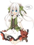  blue_eyes boots cross-laced_footwear full_body lace-up_boots long_hair looking_at_viewer nana_kusun original ponytail solo traditional_clothes white_background white_hair 