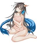 barefoot black_hair blush closed_eyes collarbone dragon_girl dragon_horns dragon_tail drooling feet full_body head_fins horns karin_(p&amp;d) long_hair nude pillow pillow_hug puzzle_&amp;_dragons saliva simple_background sitting smile solo tail very_long_hair wariza white_background zuo_wei_er 