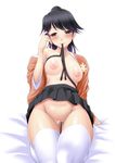  1girl areolae ayato bed black_hair blush breasts brown_eyes censored collarbone female heart heart-shaped_pupils highres houshou_(kantai_collection) kantai_collection kneeling large_areolae long_hair medium_breasts miniskirt mouth_hold nipples no_bra no_panties no_underwear open_clothes open_shirt pubic_hair pussy shirt simple_background skirt skirt_around_belly skirt_lift solo symbol-shaped_pupils thighhighs white_background white_legwear white_thighhighs 
