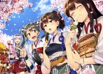  :d :o ^_^ absurdres akagi_(kantai_collection) bag bagged_fish black_hair blue_sky blurry brown_eyes brown_hair candy_apple cherry_blossoms chocolate_banana closed_eyes cloud dango day depth_of_field eating fish food gloves goldfish grey_hair hair_ribbon hakama_skirt hanami headband highres japanese_clothes jintsuu_(kantai_collection) kaga_(kantai_collection) kantai_collection long_hair multiple_girls muneate naka_(kantai_collection) open_mouth outdoors partly_fingerless_gloves red_skirt redrop ribbon sanshoku_dango short_hair shoukaku_(kantai_collection) side_ponytail silver_hair skewer skirt sky smile takoyaki tasuki wagashi yellow_eyes yugake zuikaku_(kantai_collection) 