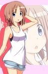  :o bare_shoulders blue_eyes blush breasts brown_hair camisole cleavage collarbone hand_on_own_head medium_breasts nitizyo open_mouth original ponytail shirt shorts sleeveless sleeveless_shirt solo sports_bra zoom_layer 
