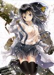  absurdres admiral_(kantai_collection) admiral_(kantai_collection)_(cosplay) asashio_(kantai_collection) black_hair black_legwear blue_eyes cherry_blossoms coat cosplay hat hat_removed headwear_removed highres insignia kantai_collection knees_together_feet_apart long_hair no_shoes off_shoulder open_clothes open_coat peaked_cap petals pink_lips school_uniform skirt solo strap_slip suspenders thighhighs yae_(mono110) 
