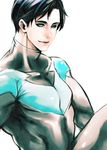  1boy batman_(series) black_hair blue_eyes bodysuit dc_comics dick_grayson looking_at_viewer male male_focus nightwing simple_background sitting smile solo tachibana_(ghosts_0119) white_background 