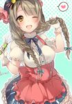  ;d alternate_hairstyle blush bow braid brown_hair gloves green_background hair_bow hair_ornament hair_over_shoulder hat heart holding holding_hair long_hair love_live! love_live!_school_idol_project minami_kotori miseo_(mrkglove) one_eye_closed open_mouth puffy_short_sleeves puffy_sleeves ribbon short_sleeves smile solo twin_braids twintails whisk white_gloves yellow_eyes 