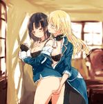  ascot ass atago_(kantai_collection) bad_id bad_pixiv_id bare_shoulders black_bra black_hair black_legwear blonde_hair blue_eyes blush bottomless bra breasts brown_hair chair clothes_down desk fingering fingering_from_behind kantai_collection large_breasts long_hair military military_uniform multiple_girls naval_uniform nipples no_gloves no_hat no_headwear open_clothes pantyhose pussy_juice pussy_juice_trail room short_hair standing syou_(endemic_species) takao_(kantai_collection) twisted_torso unbuttoned underwear uniform window yuri 