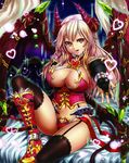  :d absurdres black_legwear boots breasts character_request cleavage demon_tail demon_wings garter_straps heart highres horns houtengeki large_breasts navel open_mouth pink_eyes pink_hair scan scan_artifacts shinma_x_keishou!_ragnabreak sitting smile solo tail thighhighs wings 