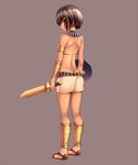  anklet armlet ass assal_(sennen_sensou_aigis) back bad_id bad_pixiv_id bare_shoulders big_wednesday black_hair dimples_of_venus from_behind full_body hair_ornament hairclip jewelry sandals sennen_sensou_aigis shield short_hair simple_background solo sword weapon 
