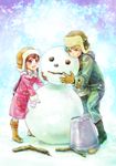  1girl bizon_gerafil black_hair blush boots bucket buddy_complex cak_nakatsu child gloves green_hair hat long_hair purple_eyes short_hair snow snowman winter_clothes yellow_eyes younger yumihara_hina 