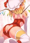  all_fours alternate_costume ass back bare_shoulders blonde_hair borrowed_design butt_crack elbow_gloves fang flandre_scarlet from_behind garters gloves hat hat_ribbon heart_cutout leotard looking_back mob_cap open_mouth red_eyes red_leotard revealing_clothes ribbon solo suikamaru thigh_strap thighhighs touhou white_gloves white_legwear wings wrestling_outfit 