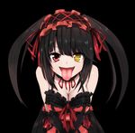  1girl bare_shoulders black_background black_hair breasts cleavage clock_eyes date_a_live dress female gothic hairband heterochromia highres lolita_fashion lolita_hairband long_hair looking_at_viewer medium_breasts red_eyes red_ribbon ribbon solo standing symbol-shaped_pupils tokisaki_kurumi tongue tongue_out twintails yellow_eyes 