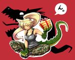  2012 bad_id bad_pixiv_id blanca_(alfabravo) blonde_hair blush boots borrowed_character box breasts butterfly_sitting camouflage camouflage_pants claws cleavage collarbone combat_boots dragon_girl dragon_tail drossel_(dexsini) fang gift gift_box green_eyes high_ponytail highres large_breasts long_hair monster_girl original pants scales slit_pupils solo tail tank_top toned 