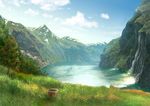  bad_pixiv_id blue_sky bucket cliff cloud commentary day grass mountain nature no_humans original outdoors rien_(sonidori) river scenery sky tree water 
