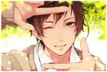  axis_powers_hetalia blurry border brown_hair depth_of_field face finger_frame green_eyes looking_at_viewer male_focus one_eye_closed parted_lips solo spain_(hetalia) upper_body white_border yugake_(mrnmrm) 