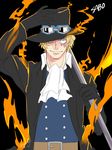 1boy ag_wolf agito013 blonde_hair character_name cravat fire formal gloves hand_on_hat hand_on_headwear hat_over_one_eye jacket male male_focus one_piece pole sabo_(one_piece) scar solo suit 