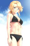  bad_id bad_pixiv_id bikini blonde_hair blue_eyes breasts cleavage komimiyako large_breasts long_hair navel ponytail power_pro_kun_pocket power_pro_kun_pocket_8 rin_(power_pro_kun_pocket) side-tie_bikini smile solo swimsuit underboob 