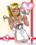  apron blonde_hair blue_eyes bowl breasts cleavage dark_skin earrings ganguro heart heart_necklace jewelry long_hair maki_michaux medium_breasts misakitchi nearly_naked_apron one_eye_closed original panties side_ponytail solo underwear whisk 