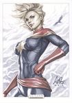  blonde_hair captain_marvel carol_danvers cloud elbow_gloves gloves marvel sash sky solo stanley_lau superhero traditional_media 