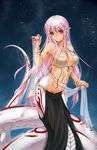  belly_chain bikini_top breasts choker cleavage earrings hair_between_eyes highres jewelry kyara_akaro lamia large_breasts light_smile loincloth long_hair low-tied_long_hair midnight_(banyex) mole mole_under_eye monster_girl navel pink_hair pixiv_fantasia pointy_ears red_eyes see-through sky slit_pupils solo star_(sky) starry_sky tail tattoo very_long_hair 