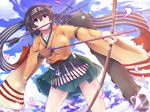  archery arrow bow_(weapon) breasts brown_eyes brown_hair flight_deck gloves hachimaki hakama_skirt headband highres hiryuu_(kantai_collection) japanese_clothes kantai_collection kona_(soyakimi) kyuudou large_breasts long_sleeves ocean partly_fingerless_gloves quiver radio_antenna remodel_(kantai_collection) short_hair side_ponytail single_glove skirt water weapon yugake 