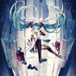 aqua_eyes boots detached_sleeves flying hatsune_miku hatsune_miku_(append) highres ixima long_hair miniskirt necktie skirt solo thigh_boots thighhighs twintails v very_long_hair vocaloid vocaloid_append 