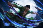  2014 abs bandana battle commentary english_commentary full_moon green_hair katana male_focus moon motion_blur mouth_hold one_piece richy_truong roronoa_zoro sash scar signature solo sparks speed_lines stitches sword triple_wielding watermark weapon web_address 