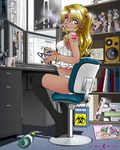  artist_name biohazard_symbol black_legwear blonde_hair blue_eyes book bookshelf bottle bracelet brand_name_imitation chair cigarette computer cup dark_skin desk dual_monitor earrings figure full_body ganguro jewelry long_hair looking_at_viewer maki_michaux misakitchi mouse mug one_side_up original panties pixiv recursion school_uniform smile smoke smoking solo speaker stereo tattoo thighhighs underwear 